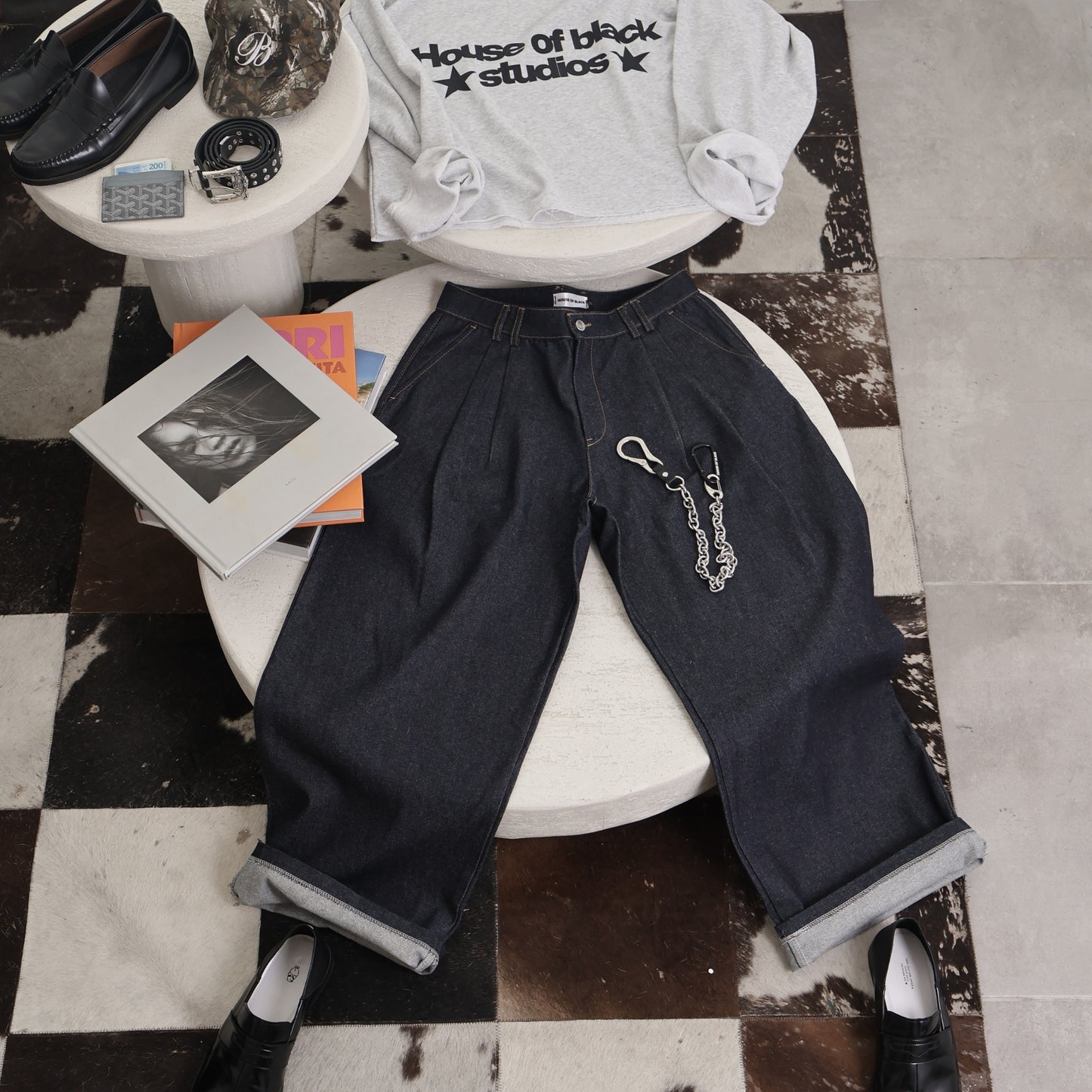 HOB pleated raw denim in Indigo