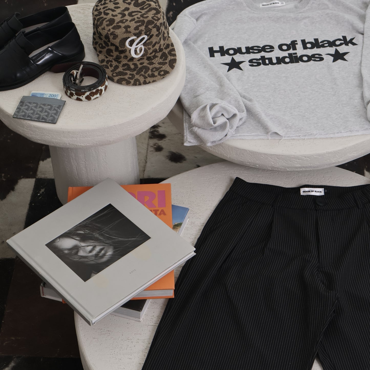 HOB pleated pinstripe pants in Black