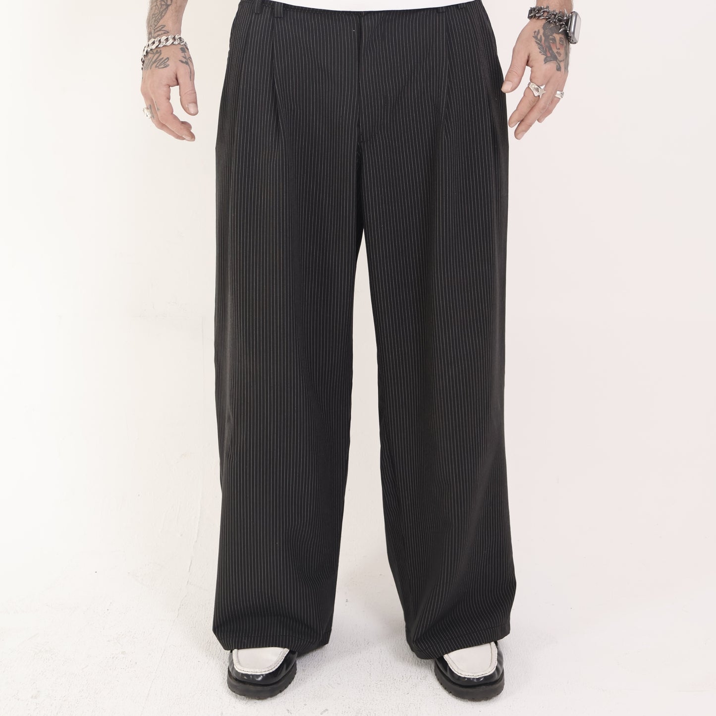 HOB pleated pinstripe pants in Black