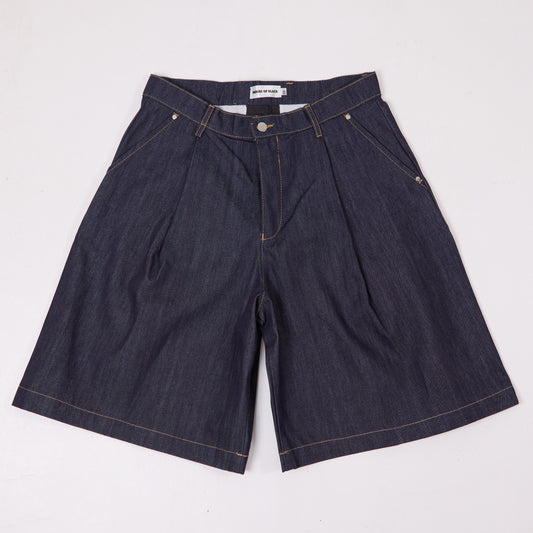 HOB raw denim pleated balloon jorts in indigo