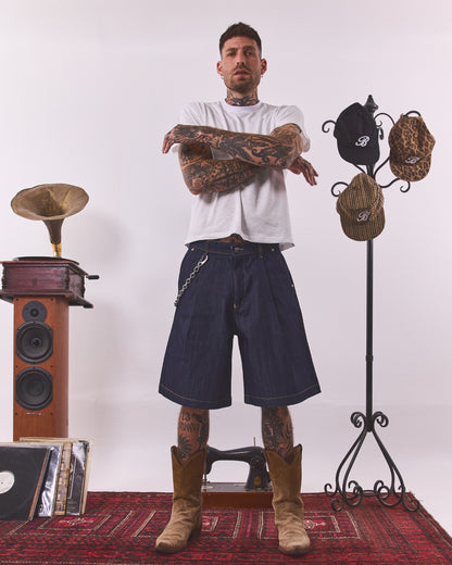 HOB raw denim pleated balloon jorts in indigo