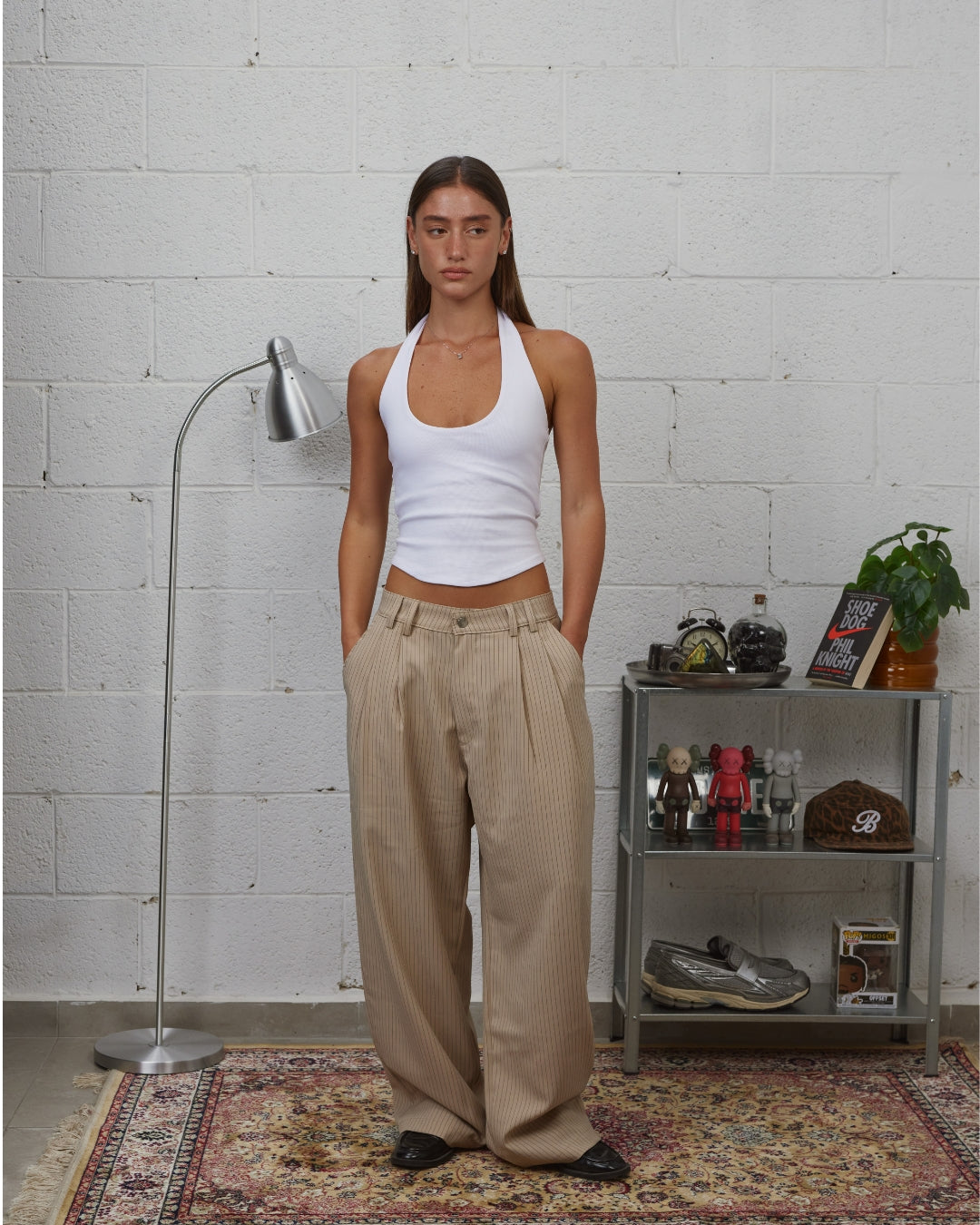HOB pleated pinstripe pants in Beige