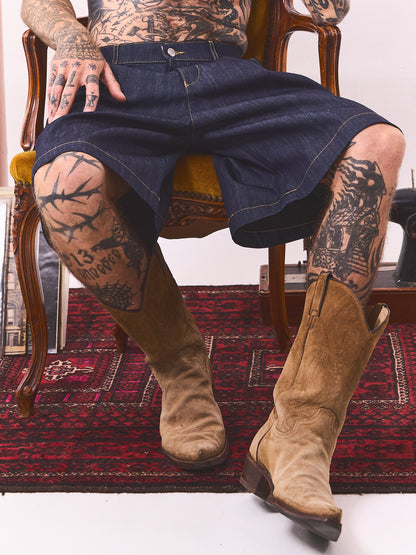 HOB raw denim pleated balloon jorts in indigo