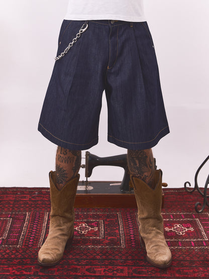 HOB raw denim pleated balloon jorts in indigo