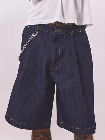 HOB raw denim pleated balloon jorts in indigo