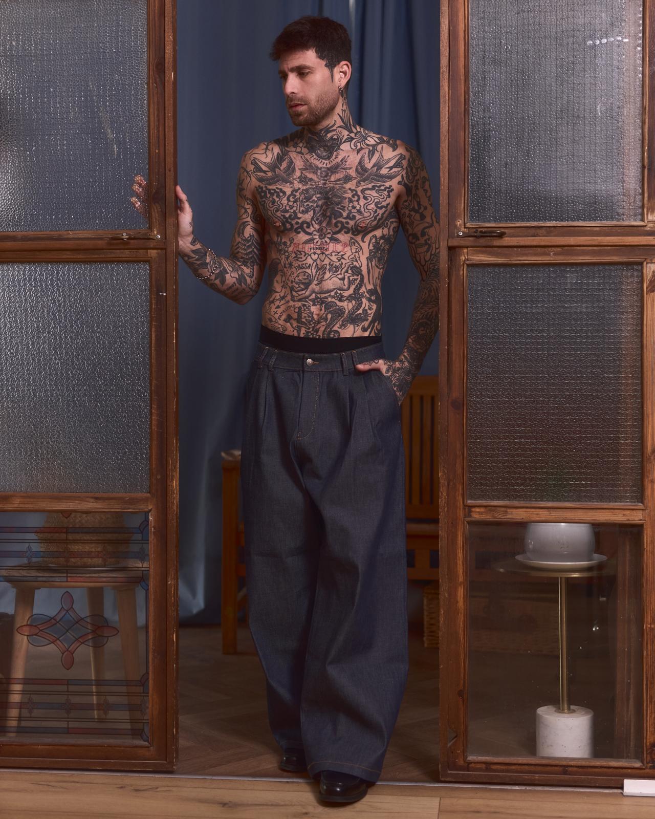 "Kojima" pleated selvedge demim